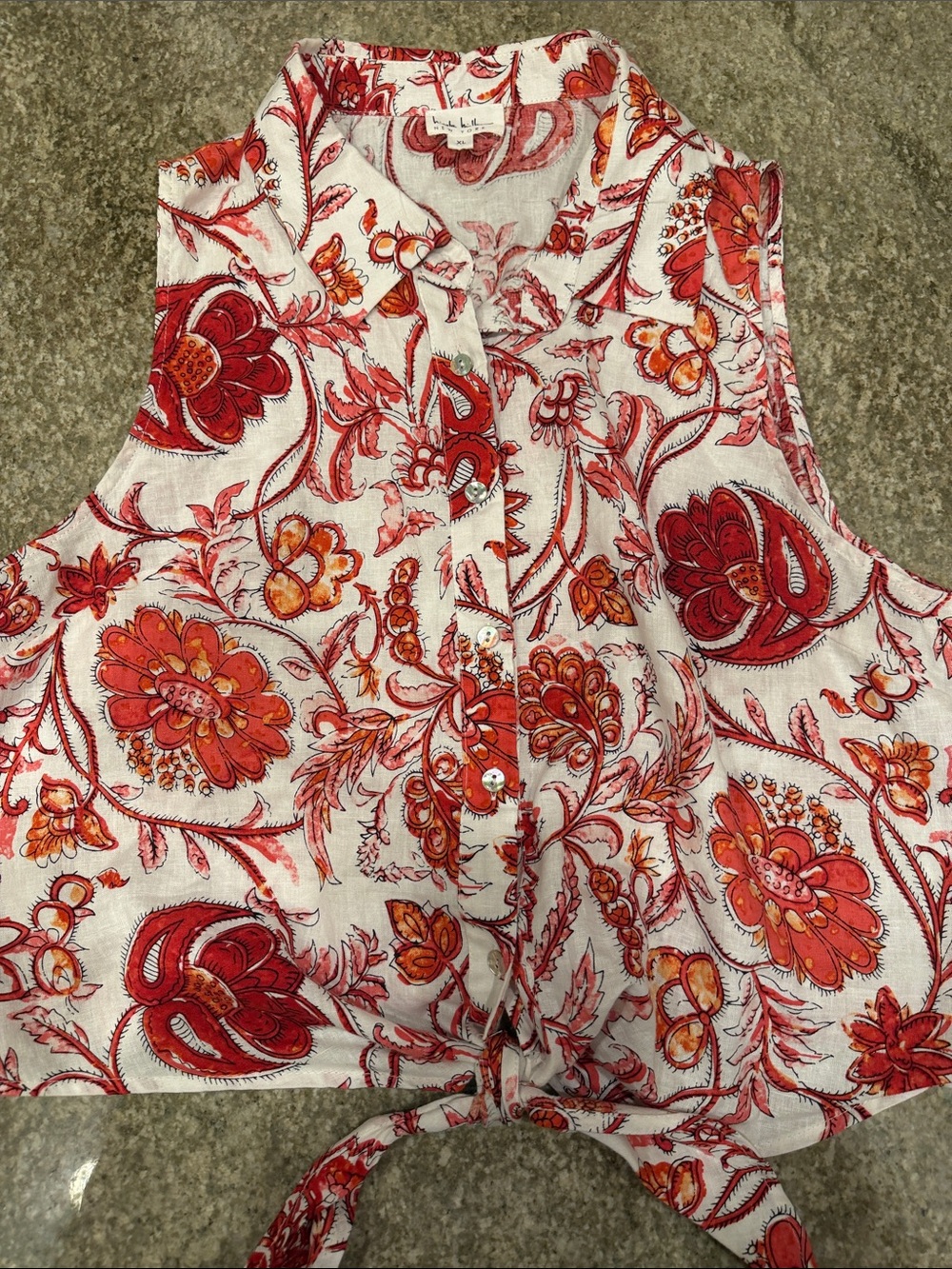 Nicole Miller Sleeveless Tie-Front Floral Top in Red and Orange